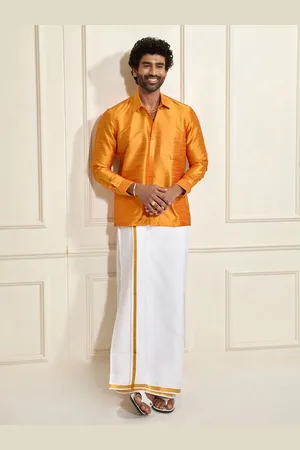 Vastramay Long Sleeves Shirt Collar Shirt And Veshti Set