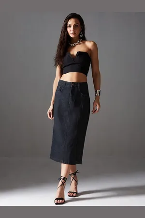 Miss Chase Women Straight High-Rise Stretchable Denim Midi Skirt
