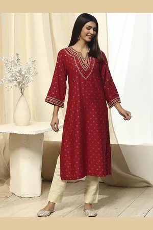 Biba Floral Embroidered Scoop Neck A-Line Kurta