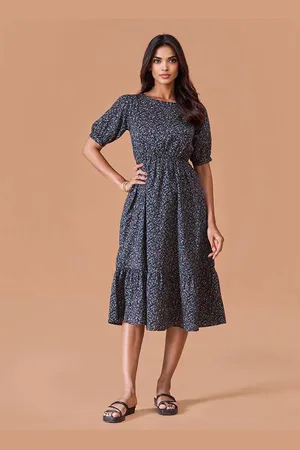 DressBerry Women Floral Printed Puff Sleeves Cotton Fit & Flare Midi Dress