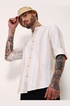 SHOWOFF Men Comfort Slim Fit Mandarin Collar Vertical Striped Cotton Casual Shirt
