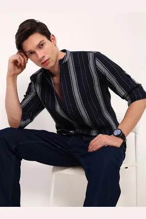 SHOWOFF Men Comfort Slim Fit Mandarin Collar Vertical Striped Cotton Casual Shirt