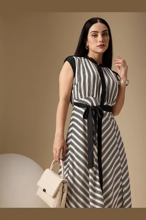 Chemistry Monochrome Striped Band Collar Cap Sleeves Shirt Midi Dress