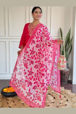 Lilots Floral Embroidered V-Neck Zari Chanderi Silk Straight Kurta With Trouser & Dupatta