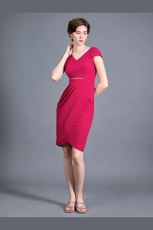 Miss Chase Women Solid V Neck Cap Sleeves Polyester Side Pocketed Knee Long Formal Dress