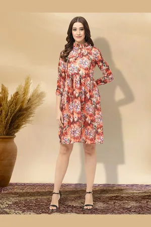 MISS AYSE Women Cotton Floral Printed Tie-Up Neck Knee Length Fit & Flare Dress