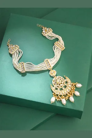 Yellow Chimes Kundan Head Chain for Women Bridal Sheeshphool