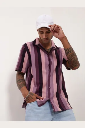 SHOWOFF Men Comfort Relaxed Fit Cuban Collar Vertical Striped Cotton Casual Shirt