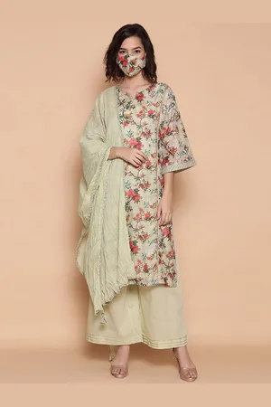 Biba Floral Printed Pure Cotton Straight Kurta with Palazzos & Dupatta