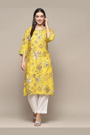 Biba Floral Printed Notch Neck Flared Sleeves Pure Cotton Straight Kurtas