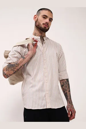 SHOWOFF Men Comfort Slim Fit Mandarin Collar Vertical Striped Cotton Casual Shirt