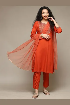 Biba Floral Embroidered Sequinned Straight Kurta with Trousers & Dupatta