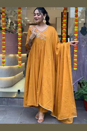 Lilots V-Neck Angrakha Thread Work Anarkali Kurta With Trouser And Dupatta
