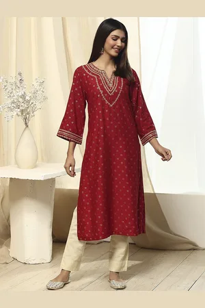 Biba Floral Embroidered Scoop Neck A-Line Kurta