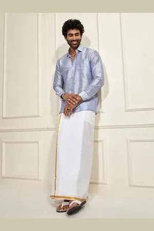 Vastramay Long Sleeves Shirt Collar Melange Shirt And Veshti Set