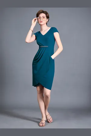 Miss Chase Women V-Neck Cap Sleeve Solid Wrapped Polyester Knee-Long Formal Dress