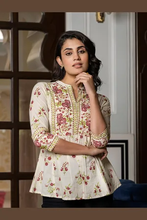 Kalini Women Floral Embroidered Mandarin Collar Cotton Peplum Top
