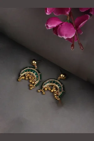 DUGRISTYLE Gold-Plated Kundan Studded Crescent Shaped Drop Earrings