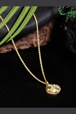 Berserk Gold-Plated Stone Studded Aqua Chalcedony Coin Round Pendant With Chain