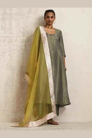 trueBrowns Olive & Green Tissue Anarkali Kurta Dupatta Set