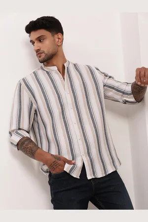 SHOWOFF Men Comfort Slim Fit Mandarin Collar Vertical Striped Cotton Casual Shirt