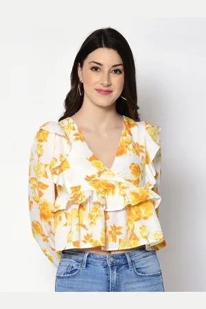 DressBerry Women Floral Printed Puff Sleeve Ruffles Wrap Crop Top