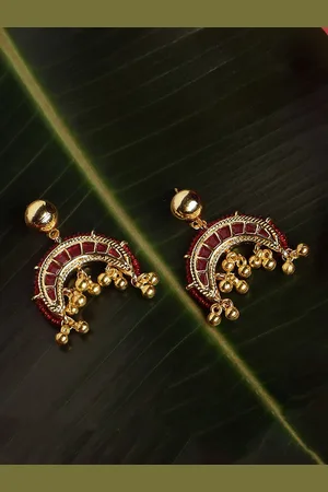DUGRISTYLE Gold-Plated Kundan Studded Crescent Shaped Drop Earrings