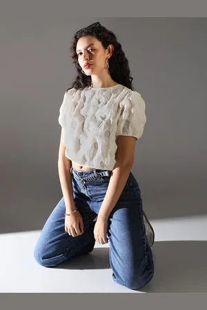 SHOWOFF Women Self Design Puff Sleeve A-Line Crop Top