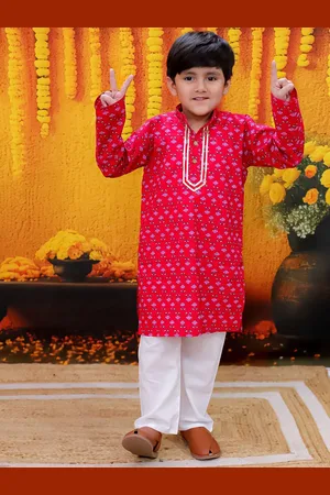 BownBee Boys Floral Printed Gotta Patti Pure Cotton Kurta With Pyjama