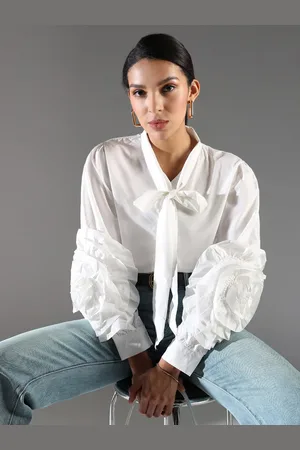 SHOWOFF Women Tie-Up Neck Ruffled Cotton Top