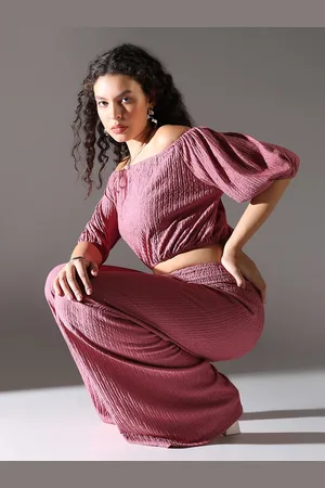 SHOWOFF Self Design Off-Shoulder Neck Three-Quarter Sleeves Top With Trouser