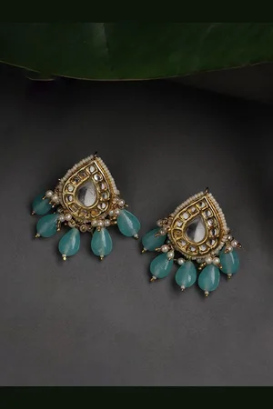 DUGRISTYLE Aab-e-Neel Gold-Plated Kundan Studed Teardrop Shaped Drop Earrings