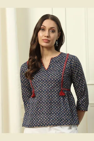 FIORRA Women Floral Printed Cotton Mandarin Collar A-Line Top