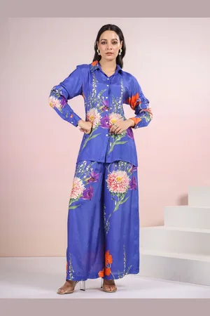 AUTUMN LANE Tracy Lapis Floral Printed Shirt Collar Shirt with Trousers