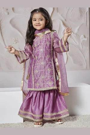 Vastramay Girls Floral Embroidered Regular Sequinned Tissue Kurta & Sharara With Dupatta