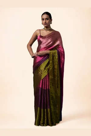 Dressfolk Colourblocked Tissue Chanderi Saree with Blouse Piece
