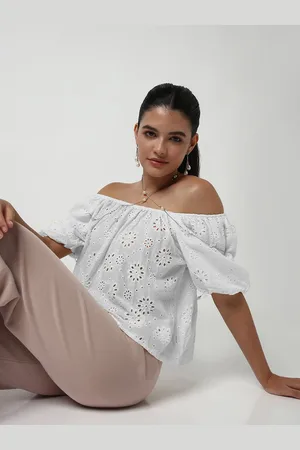 SHOWOFF Off-Shoulder Puff Sleeve Schiffli Bardot Crop Top