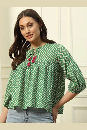 FIORRA Women Printed Tie-Up Neck Cotton Puffed Sleeves Peplum Top
