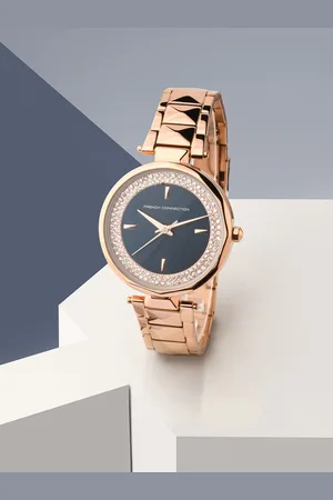 French Connection Women Blue Embellished Dial & Rose Gold Toned Stainless Steel Straps Analogue Watch