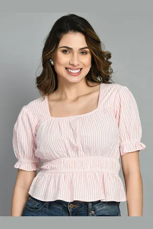 DressBerry Women Striped Puff Sleeves Cotton Peplum Crop Top