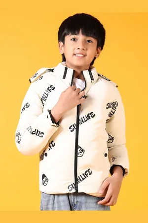 V-Mart Boys Hooded Typography Printed Cotton Casual Bomber Jacket