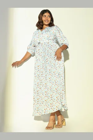 SHOWOFF Women Plus Size Floral Printed Pleated Puff Sleeve Maxi Dress With Belt