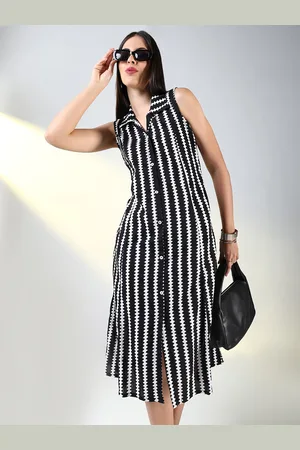 SHOWOFF Women Shirt Collar Printed Sleeveless A-Line Midi Dress