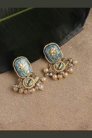 DUGRISTYLE Gold-Plated Kundan Studded Contemporary Shaped Drop Earrings