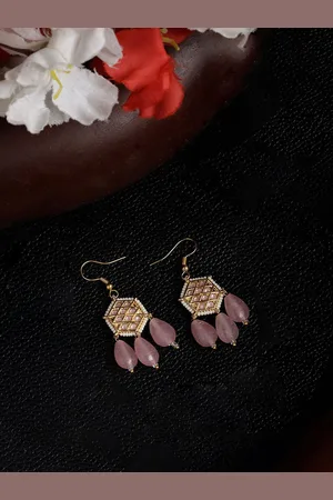 DUGRISTYLE Rosy Charm Gold-Plated Kundan Studded & Beaded Contemporary Drop Earrings
