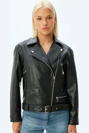 Koton Women Lapel Collar Solid Casual Biker Jacket