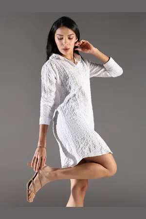 SHOWOFF Women Self Design Cotton Shirt Dress