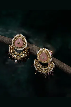 DUGRISTYLE Husn-e-Gulabi Gold-Plated Kundan Studded & Beaded Contemporary Drop Earrings