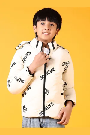V-Mart Boys Hooded Typography Printed Cotton Casual Padded Jacket