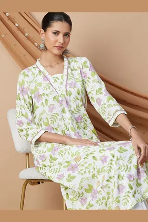 Lifestyle Floral Printed V-Neck Pure Cotton A-Line Kurta